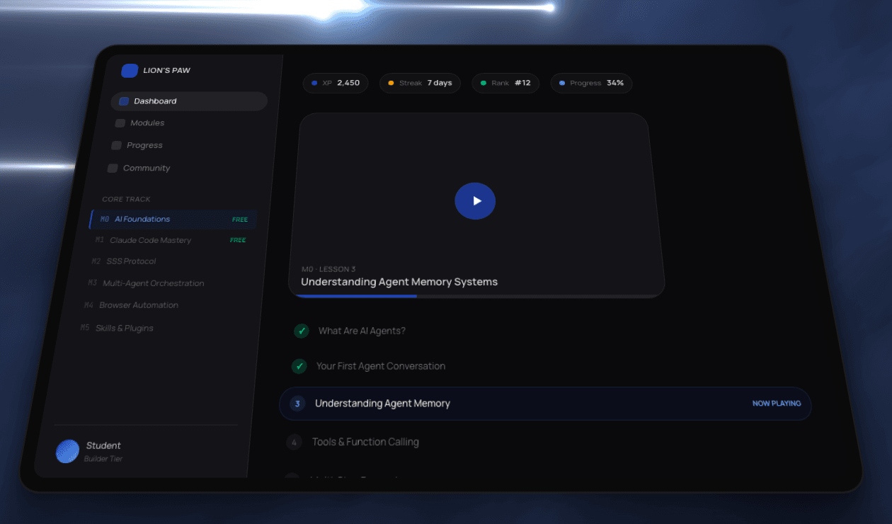 The Lion's Paw learning dashboard: lesson player, module navigation, and progress tracking